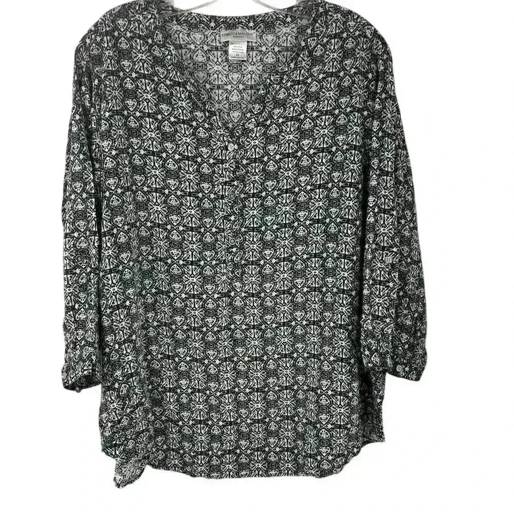Rebecca Malone Women's 2XL Black Geometric V-Neck 3/4 Sleeve Blouse